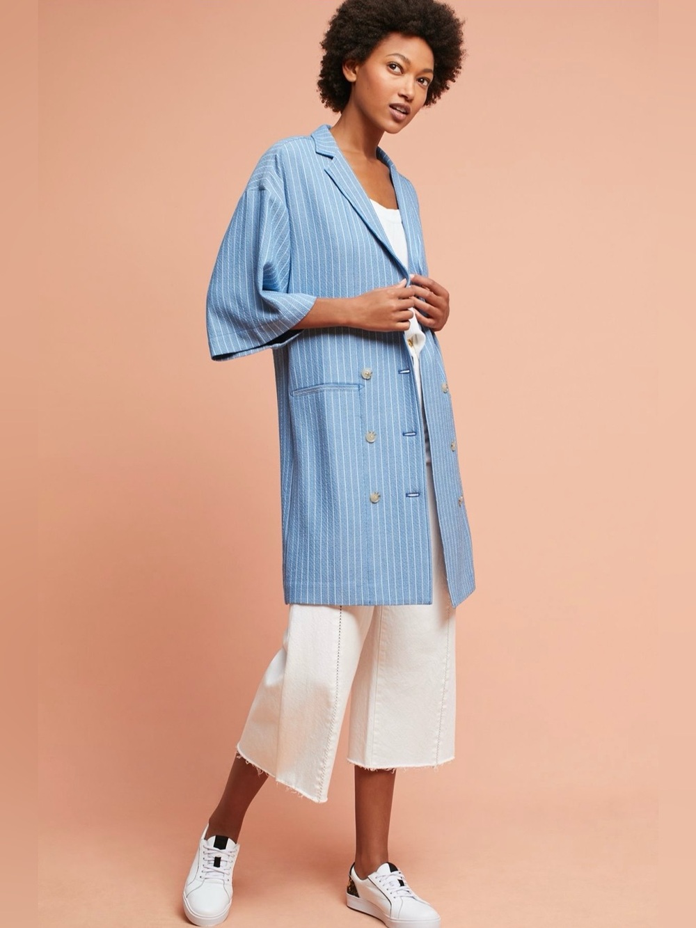 Anthropologie Maeve Light Blue Pinstripe Double-Breasted Duster Blazer, size S.